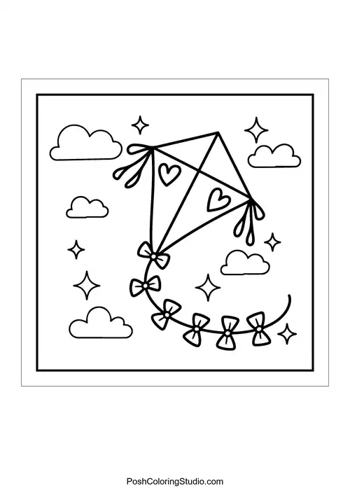 A kite flying among clouds with bows.