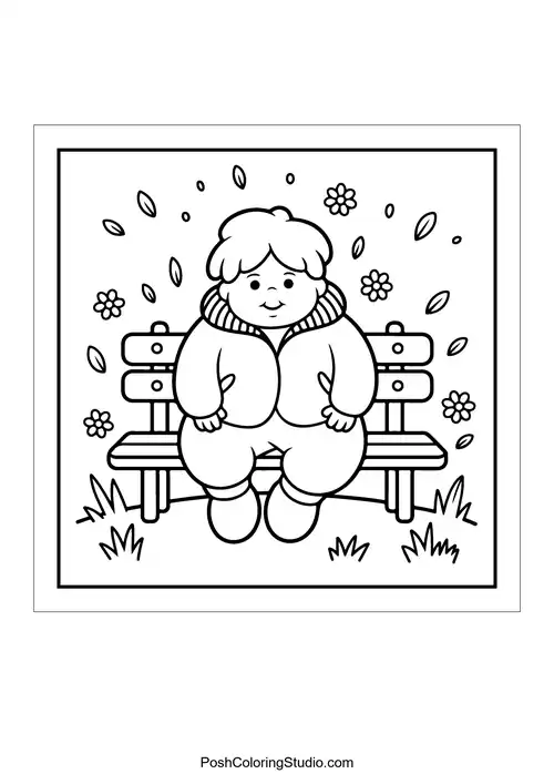 A child sitting on a bench surrounded by flowers.