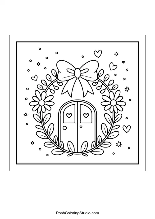 A door framed by flowers and a bow.