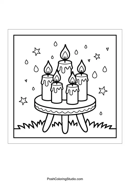Five candles on a table with dripping wax.