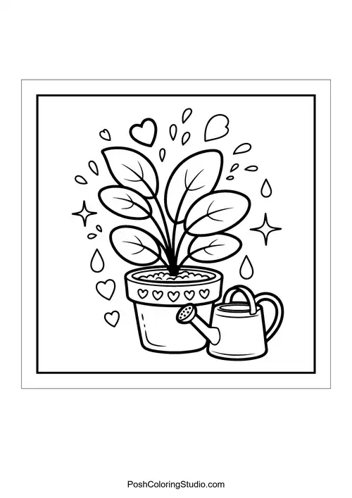 A potted plant with a watering can and hearts.