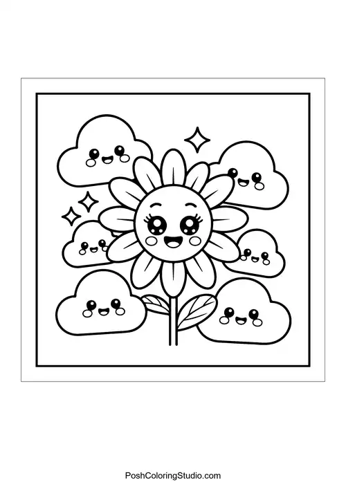 A sunflower with smiling clouds around it.
