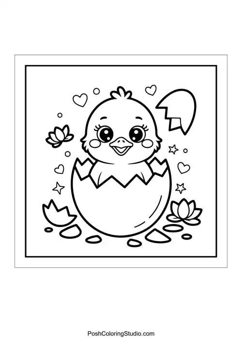 A chick hatching from an egg with flowers.