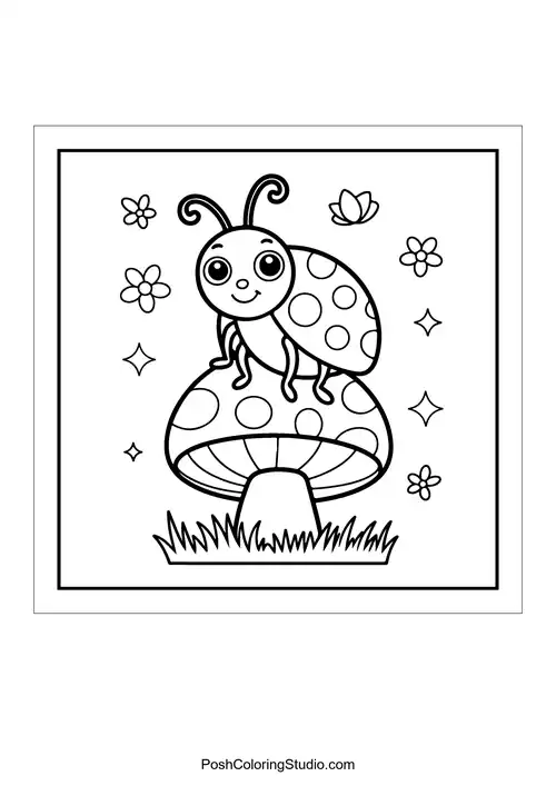 A ladybug on a mushroom with flowers.
