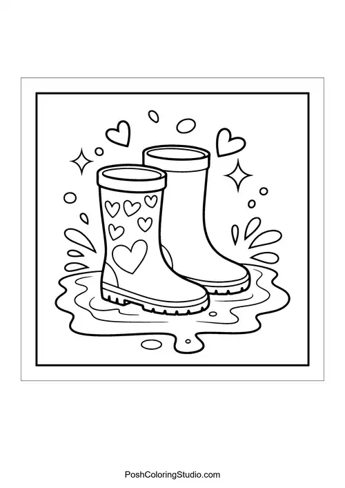 A pair of rain boots in a puddle with hearts.