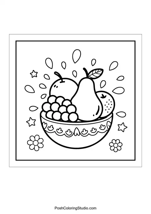 A bowl of fruit with decorative elements.