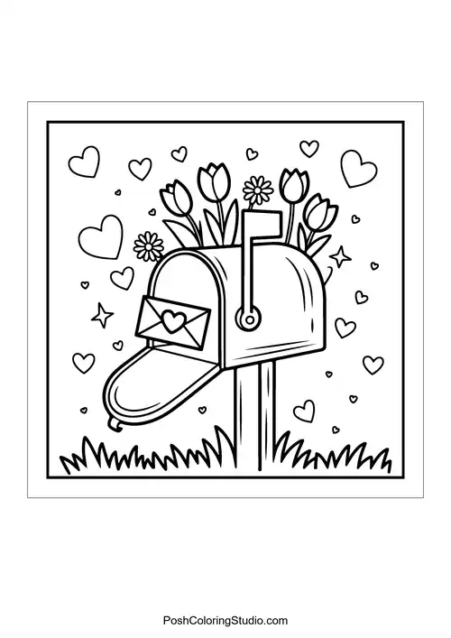 A mailbox with flowers and a letter inside.