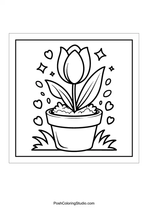 A tulip in a pot surrounded by hearts.