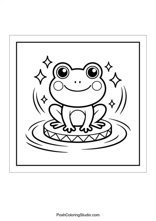 A frog sitting on a lily pad with sparkles.