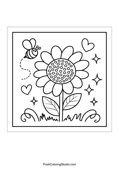 A sunflower with a bee and hearts.