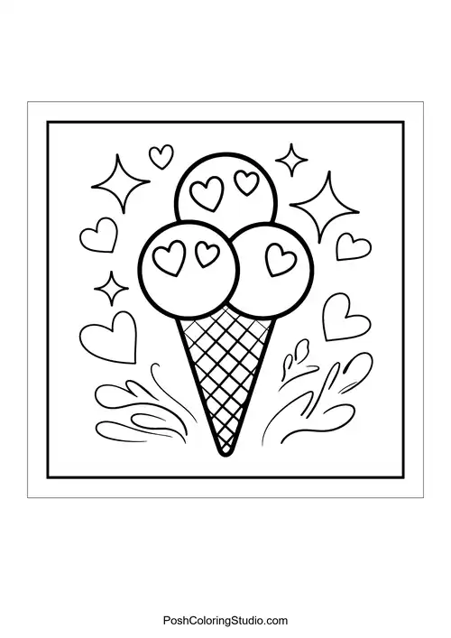 An ice cream cone with hearts and sparkles.