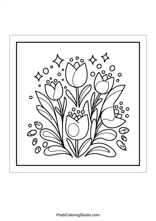 A bouquet of tulips with decorative leaves and stars.