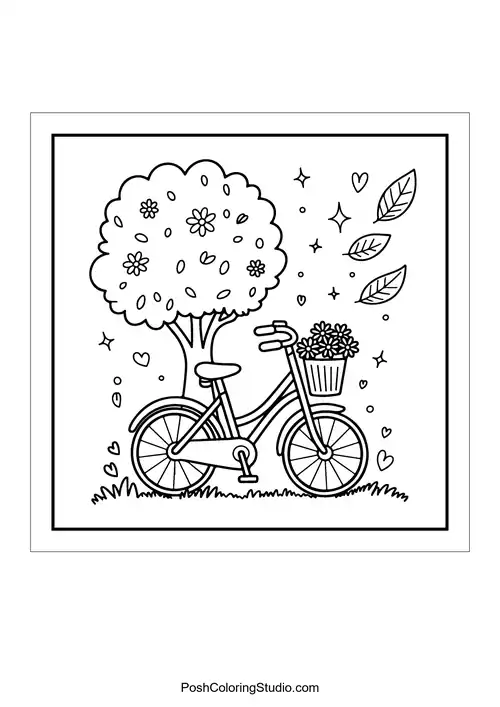 A bicycle with a basket of flowers under a tree.