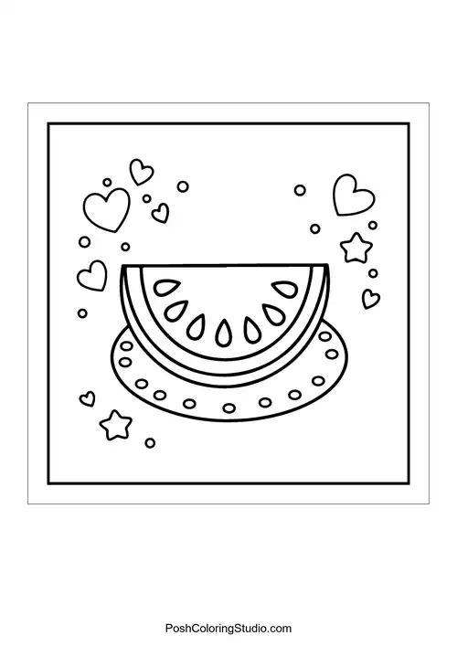 A slice of watermelon with hearts and stars around it.
