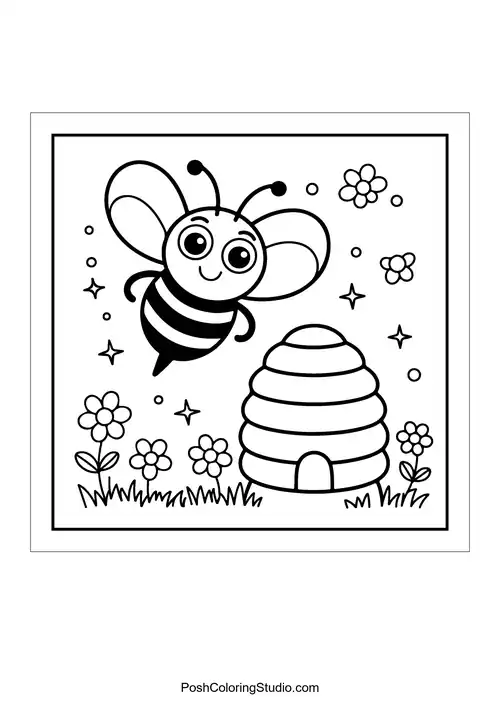 A cheerful bee flying near a beehive and flowers.
