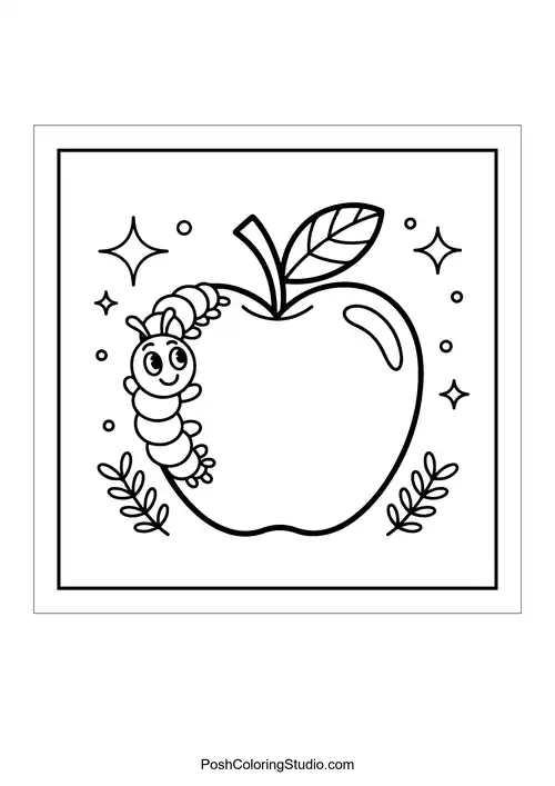 A smiling caterpillar on a shiny apple with a leaf.