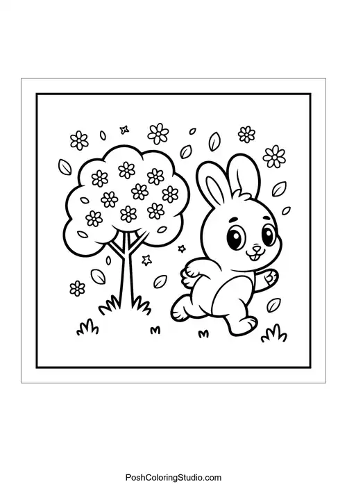 A happy bunny running near a tree with flowers.