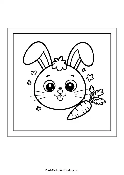 A bunny face with big ears and a carrot beside it.