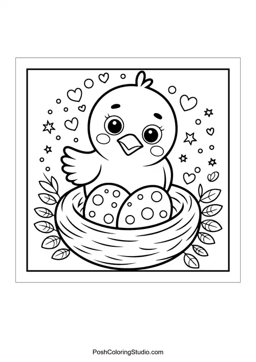A bird in a nest with decorated eggs and hearts.