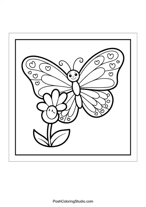 A butterfly perched on a flower with hearts around.