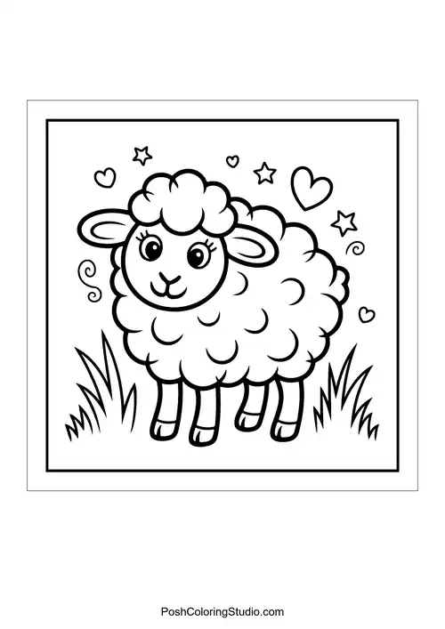 A cute sheep surrounded by stars and hearts.