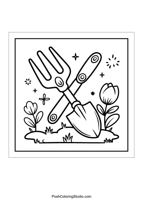 Gardening tools crossed with flowers in the background.