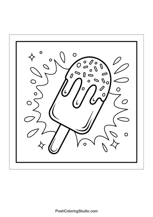 A popsicle with sprinkles and splash designs around it.