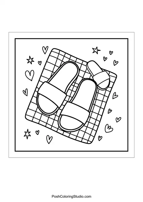 A pair of sandals on a checkered mat with hearts.
