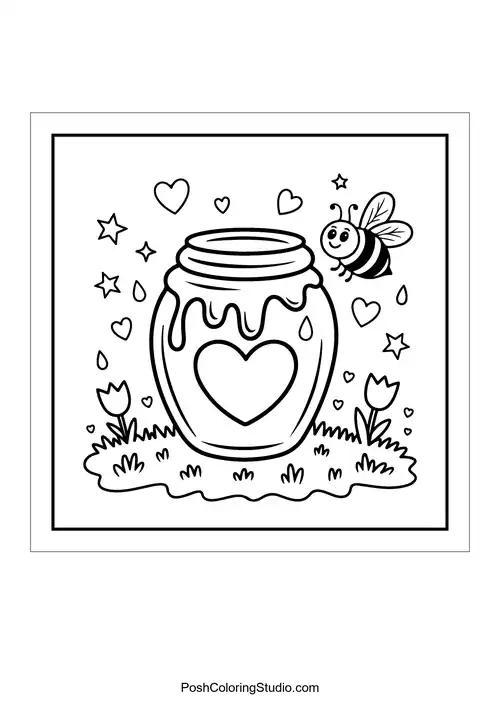 A honey jar with a heart and a bee nearby.