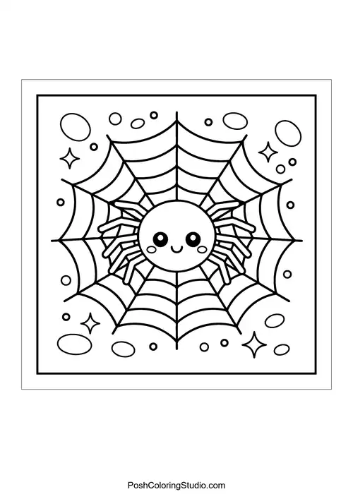 A smiling spider in a web with decorative bubbles.
