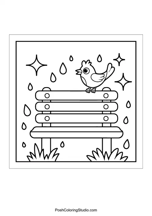 A bird sitting on a bench with raindrops around.