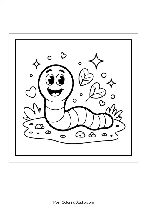 A happy worm with hearts and leaves around it.