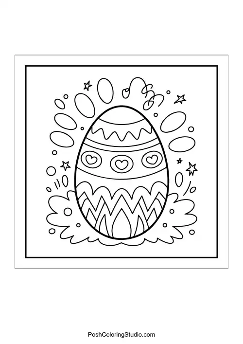 An Easter egg decorated with patterns and stars.