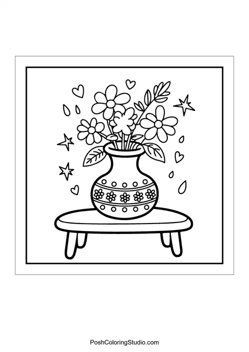 A vase with flowers and hearts around it.