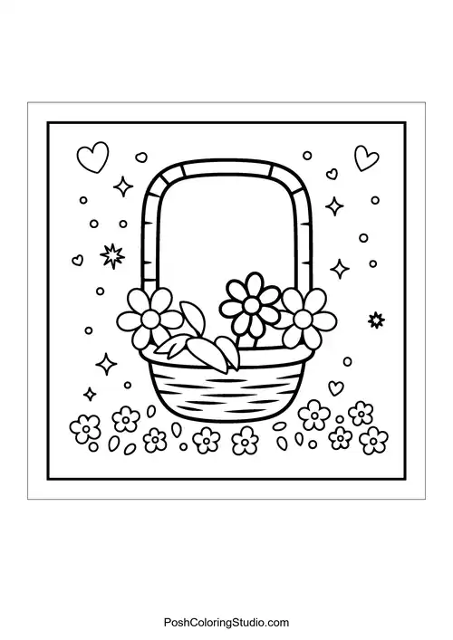 A basket filled with flowers and decorative elements.