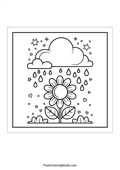 A flower under a cloud with raindrops.