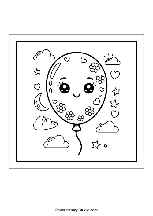 A balloon decorated with flowers and stars.