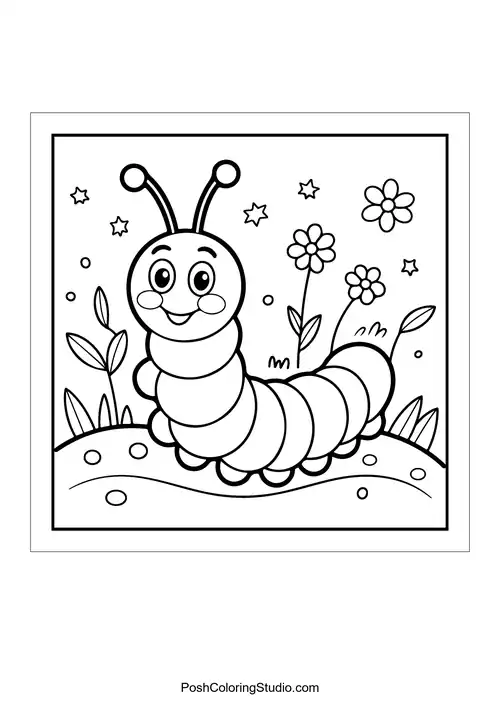 A smiling caterpillar among flowers.