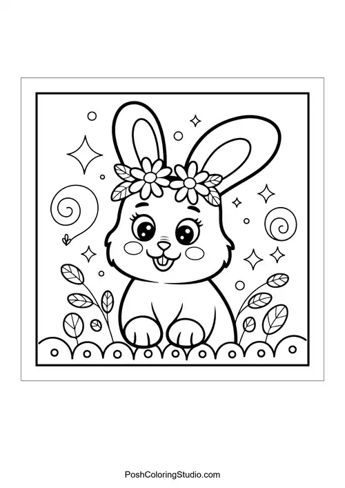 A happy bunny with flowers and swirls.