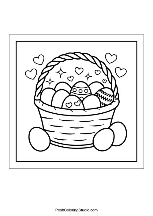 A basket filled with decorated eggs.
