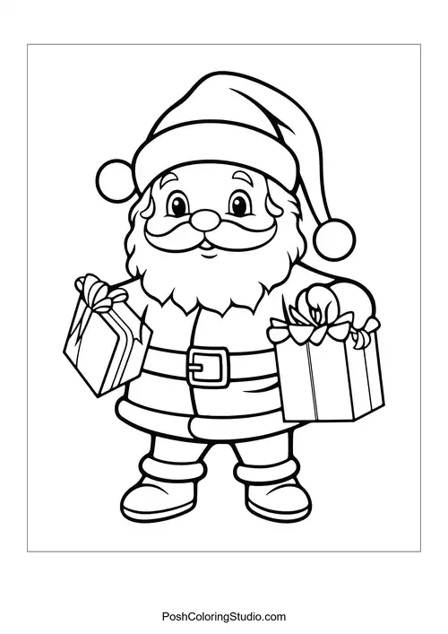 Santa carrying two gifts, one in each hand.
