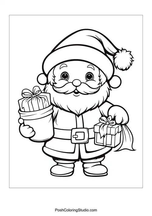 Santa with a gift and a bucket in his hands.