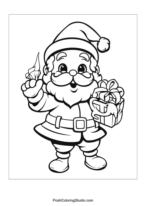 Santa holding a gift and a candy cane.