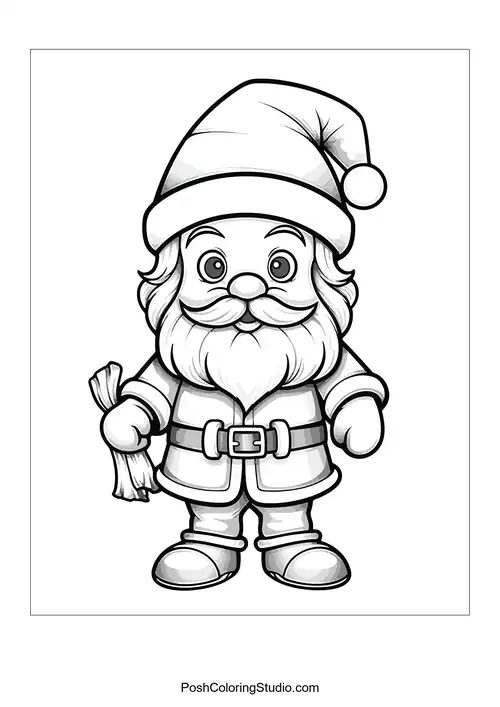 Santa with a basket of ornaments and a gift.