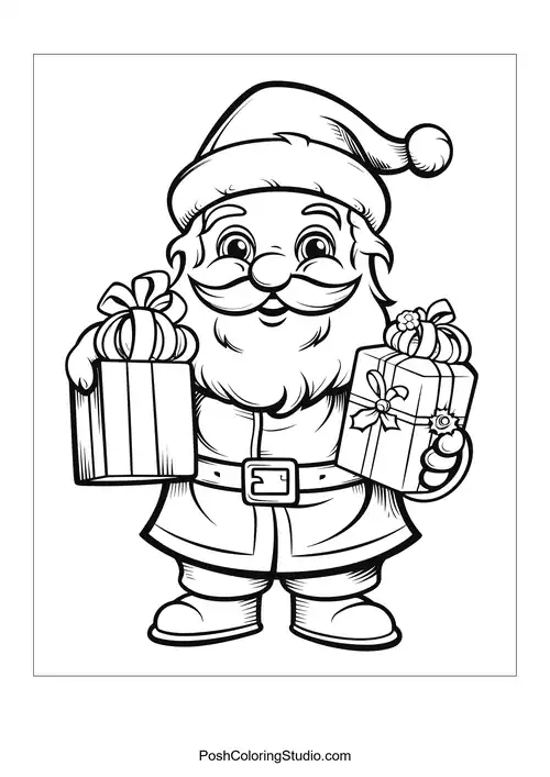 Santa with two gifts, each adorned with bows.