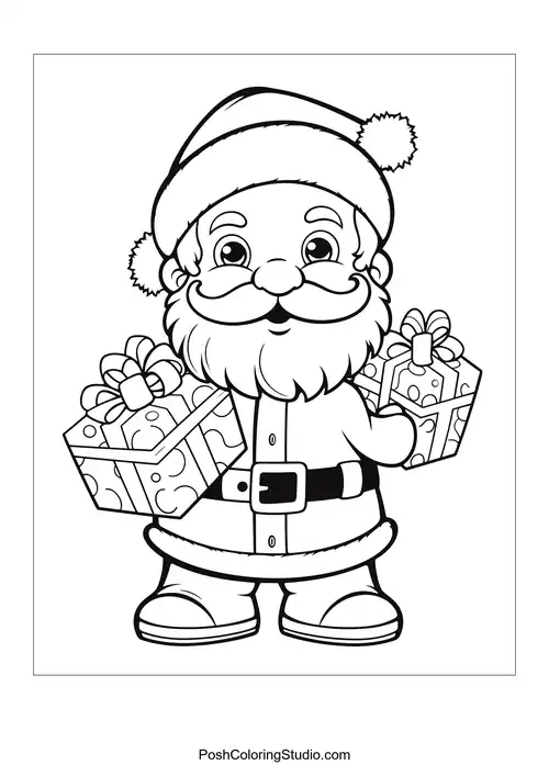 Santa holding a gift and a festive ornament.