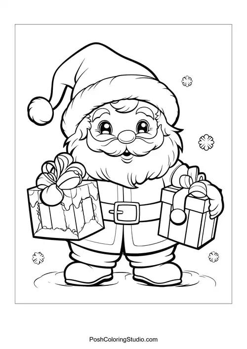 Santa holding two gift boxes with a snowy background.