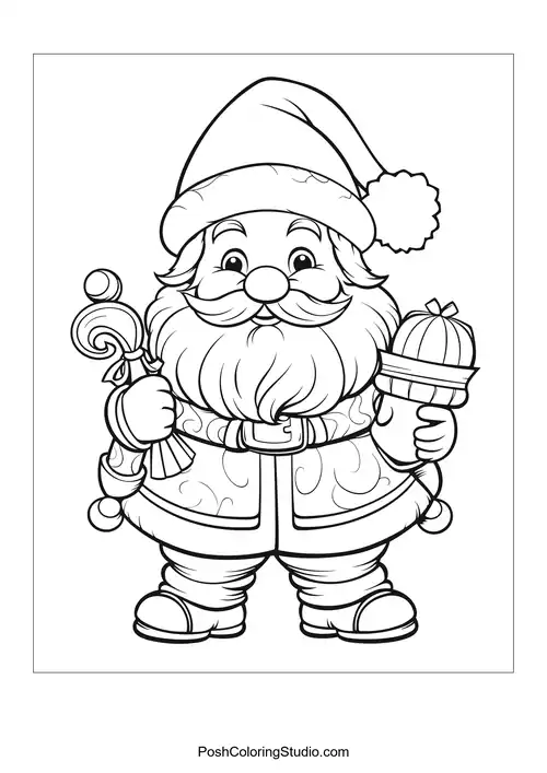 Santa holding a gift with a decorative bow.