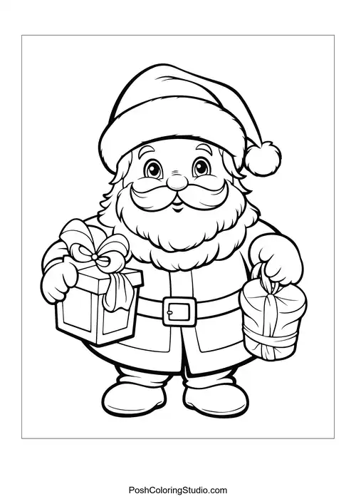 Santa with a gift and a festive flower.