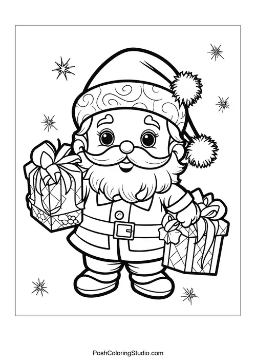 Santa holding a gift and a festive ornament.